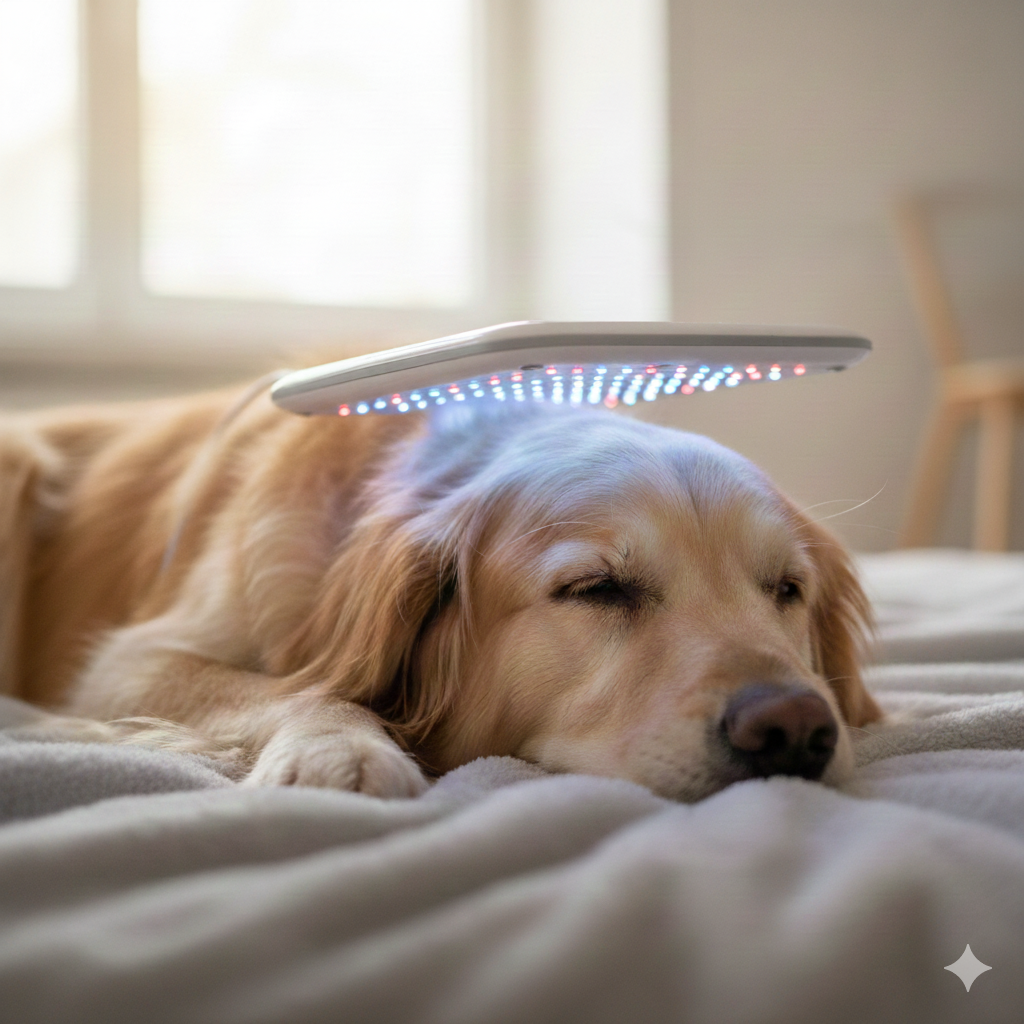 Un chien se repose sous une lumière.